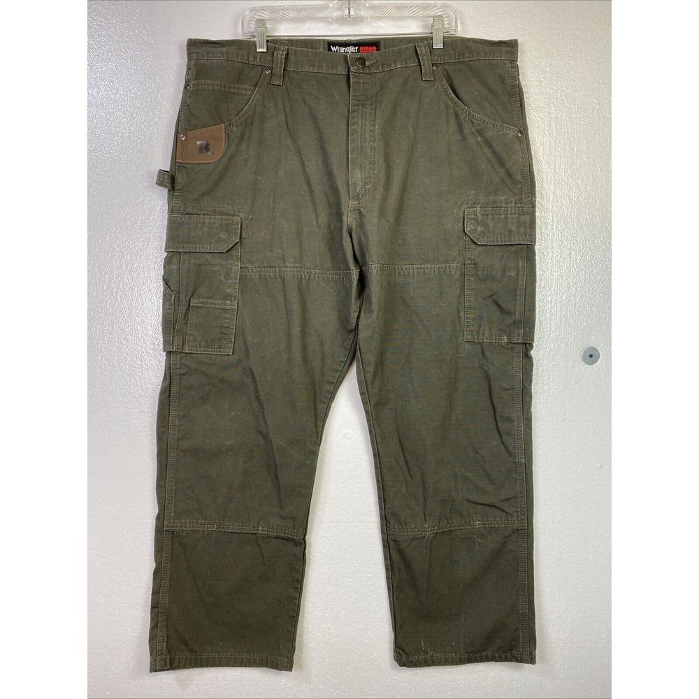 Wrangler Riggs Mens Cargo Pants Sz 42/30 Olive Green Rip Stop Work‎ Double Knee
